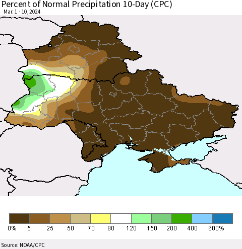 Ukraine, Moldova and Belarus Percent of Normal Precipitation 10-Day (CPC) Thematic Map For 3/1/2024 - 3/10/2024