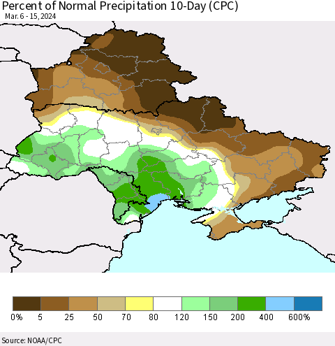 Ukraine, Moldova and Belarus Percent of Normal Precipitation 10-Day (CPC) Thematic Map For 3/6/2024 - 3/15/2024