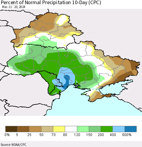 Ukraine, Moldova and Belarus Percent of Normal Precipitation 10-Day (CPC) Thematic Map For 3/11/2024 - 3/20/2024
