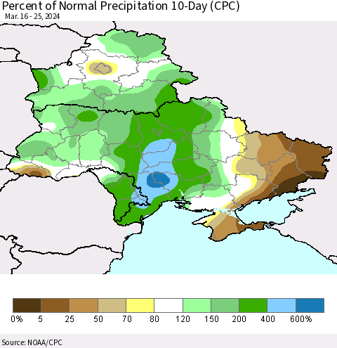 Ukraine, Moldova and Belarus Percent of Normal Precipitation 10-Day (CPC) Thematic Map For 3/16/2024 - 3/25/2024