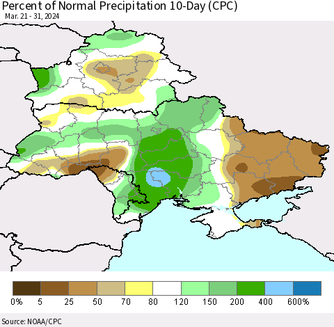 Ukraine, Moldova and Belarus Percent of Normal Precipitation 10-Day (CPC) Thematic Map For 3/21/2024 - 3/31/2024