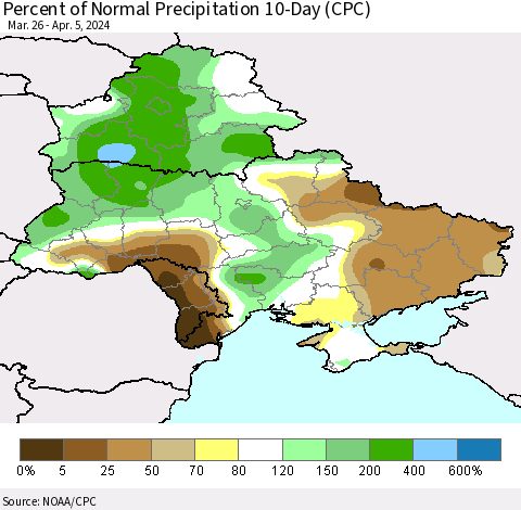 Ukraine, Moldova and Belarus Percent of Normal Precipitation 10-Day (CPC) Thematic Map For 3/26/2024 - 4/5/2024
