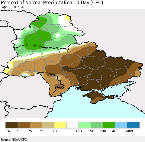 Ukraine, Moldova and Belarus Percent of Normal Precipitation 10-Day (CPC) Thematic Map For 4/1/2024 - 4/10/2024