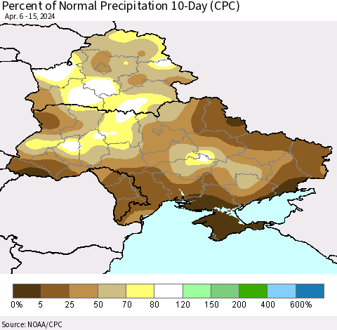 Ukraine, Moldova and Belarus Percent of Normal Precipitation 10-Day (CPC) Thematic Map For 4/6/2024 - 4/15/2024