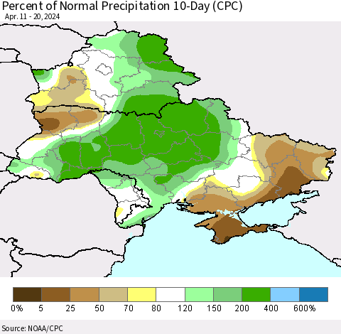 Ukraine, Moldova and Belarus Percent of Normal Precipitation 10-Day (CPC) Thematic Map For 4/11/2024 - 4/20/2024