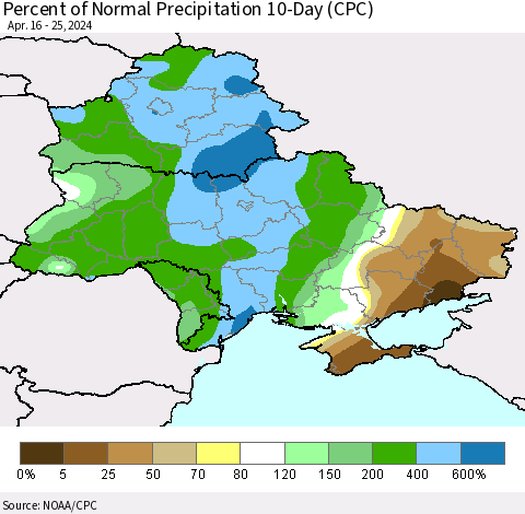 Ukraine, Moldova and Belarus Percent of Normal Precipitation 10-Day (CPC) Thematic Map For 4/16/2024 - 4/25/2024