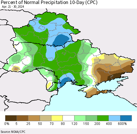 Ukraine, Moldova and Belarus Percent of Normal Precipitation 10-Day (CPC) Thematic Map For 4/21/2024 - 4/30/2024