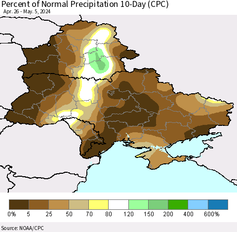 Ukraine, Moldova and Belarus Percent of Normal Precipitation 10-Day (CPC) Thematic Map For 4/26/2024 - 5/5/2024