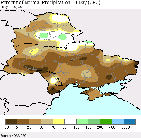 Ukraine, Moldova and Belarus Percent of Normal Precipitation 10-Day (CPC) Thematic Map For 5/1/2024 - 5/10/2024