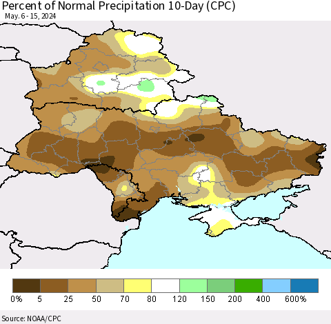 Ukraine, Moldova and Belarus Percent of Normal Precipitation 10-Day (CPC) Thematic Map For 5/6/2024 - 5/15/2024