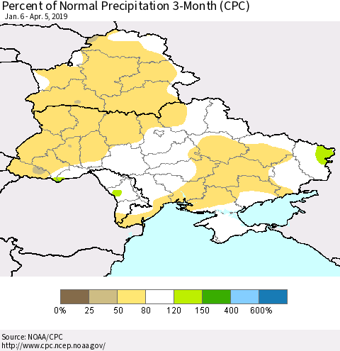 Ukraine, Moldova and Belarus Percent of Normal Precipitation 3-Month (CPC) Thematic Map For 1/6/2019 - 4/5/2019