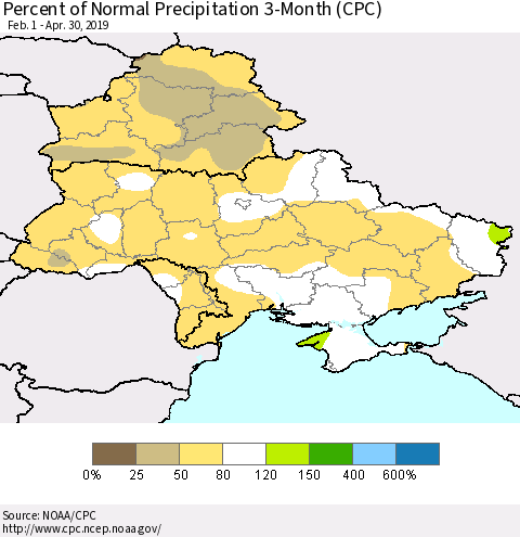Ukraine, Moldova and Belarus Percent of Normal Precipitation 3-Month (CPC) Thematic Map For 2/1/2019 - 4/30/2019