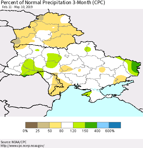 Ukraine, Moldova and Belarus Percent of Normal Precipitation 3-Month (CPC) Thematic Map For 2/11/2019 - 5/10/2019