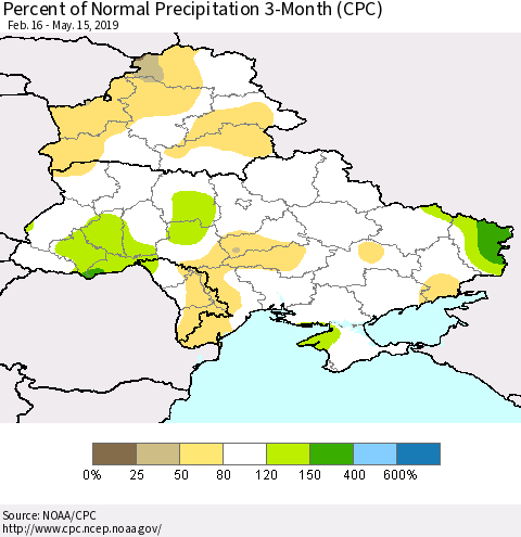 Ukraine, Moldova and Belarus Percent of Normal Precipitation 3-Month (CPC) Thematic Map For 2/16/2019 - 5/15/2019
