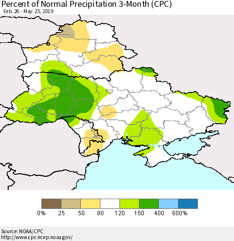 Ukraine, Moldova and Belarus Percent of Normal Precipitation 3-Month (CPC) Thematic Map For 2/26/2019 - 5/25/2019