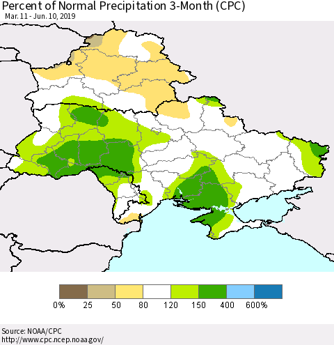 Ukraine, Moldova and Belarus Percent of Normal Precipitation 3-Month (CPC) Thematic Map For 3/11/2019 - 6/10/2019