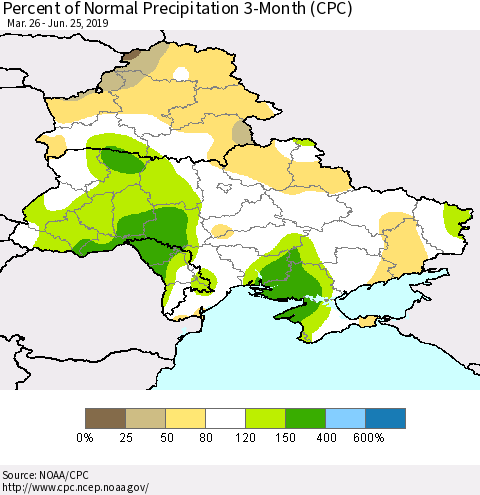 Ukraine, Moldova and Belarus Percent of Normal Precipitation 3-Month (CPC) Thematic Map For 3/26/2019 - 6/25/2019