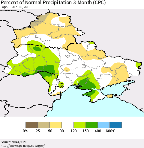 Ukraine, Moldova and Belarus Percent of Normal Precipitation 3-Month (CPC) Thematic Map For 4/1/2019 - 6/30/2019