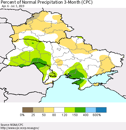 Ukraine, Moldova and Belarus Percent of Normal Precipitation 3-Month (CPC) Thematic Map For 4/6/2019 - 7/5/2019