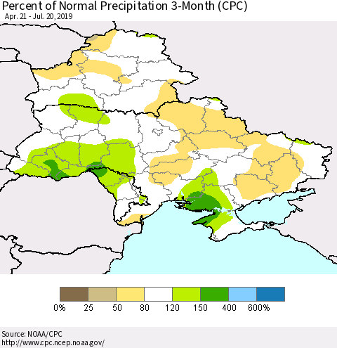 Ukraine, Moldova and Belarus Percent of Normal Precipitation 3-Month (CPC) Thematic Map For 4/21/2019 - 7/20/2019