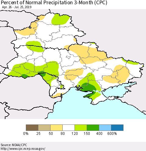 Ukraine, Moldova and Belarus Percent of Normal Precipitation 3-Month (CPC) Thematic Map For 4/26/2019 - 7/25/2019