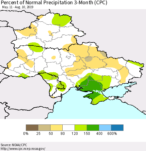 Ukraine, Moldova and Belarus Percent of Normal Precipitation 3-Month (CPC) Thematic Map For 5/11/2019 - 8/10/2019