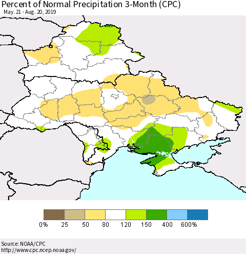 Ukraine, Moldova and Belarus Percent of Normal Precipitation 3-Month (CPC) Thematic Map For 5/21/2019 - 8/20/2019
