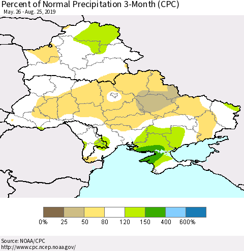 Ukraine, Moldova and Belarus Percent of Normal Precipitation 3-Month (CPC) Thematic Map For 5/26/2019 - 8/25/2019