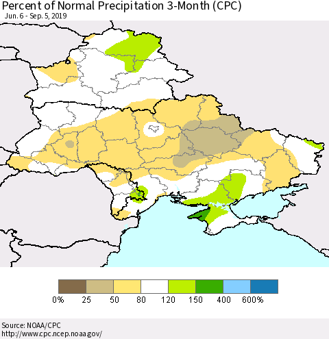Ukraine, Moldova and Belarus Percent of Normal Precipitation 3-Month (CPC) Thematic Map For 6/6/2019 - 9/5/2019