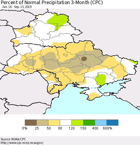 Ukraine, Moldova and Belarus Percent of Normal Precipitation 3-Month (CPC) Thematic Map For 6/16/2019 - 9/15/2019