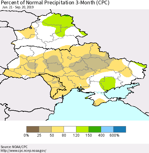 Ukraine, Moldova and Belarus Percent of Normal Precipitation 3-Month (CPC) Thematic Map For 6/21/2019 - 9/20/2019