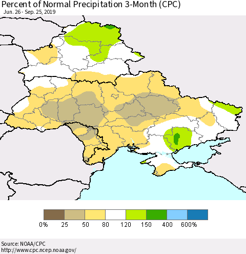 Ukraine, Moldova and Belarus Percent of Normal Precipitation 3-Month (CPC) Thematic Map For 6/26/2019 - 9/25/2019