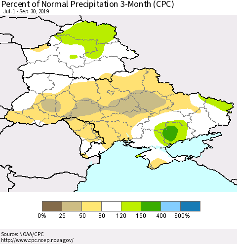 Ukraine, Moldova and Belarus Percent of Normal Precipitation 3-Month (CPC) Thematic Map For 7/1/2019 - 9/30/2019