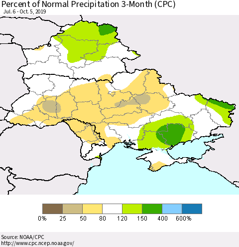 Ukraine, Moldova and Belarus Percent of Normal Precipitation 3-Month (CPC) Thematic Map For 7/6/2019 - 10/5/2019