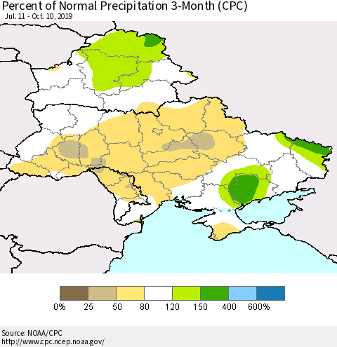 Ukraine, Moldova and Belarus Percent of Normal Precipitation 3-Month (CPC) Thematic Map For 7/11/2019 - 10/10/2019