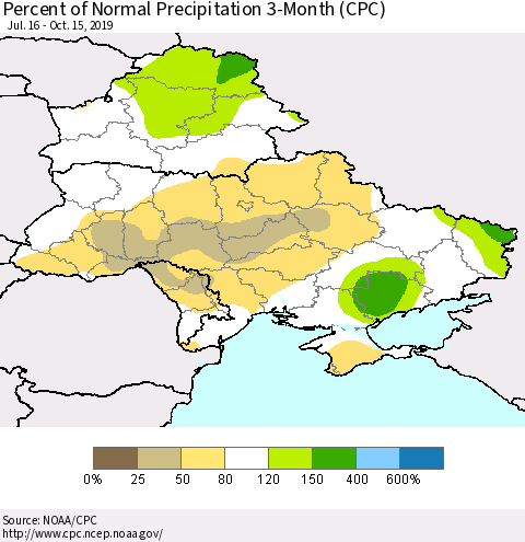 Ukraine, Moldova and Belarus Percent of Normal Precipitation 3-Month (CPC) Thematic Map For 7/16/2019 - 10/15/2019