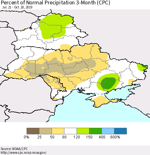 Ukraine, Moldova and Belarus Percent of Normal Precipitation 3-Month (CPC) Thematic Map For 7/21/2019 - 10/20/2019