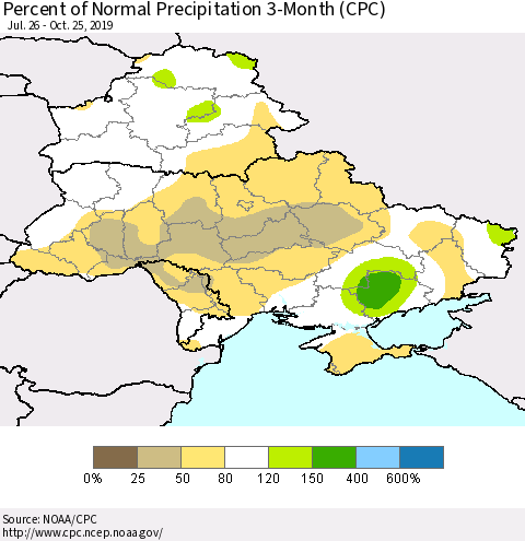 Ukraine, Moldova and Belarus Percent of Normal Precipitation 3-Month (CPC) Thematic Map For 7/26/2019 - 10/25/2019