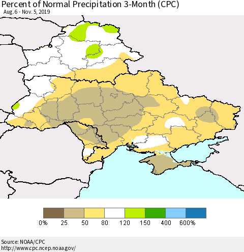Ukraine, Moldova and Belarus Percent of Normal Precipitation 3-Month (CPC) Thematic Map For 8/6/2019 - 11/5/2019