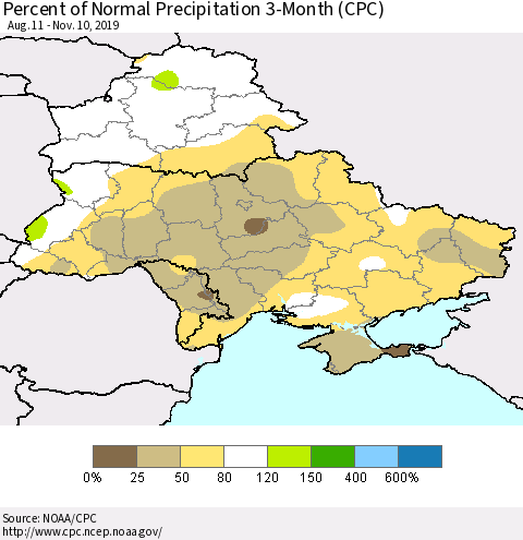 Ukraine, Moldova and Belarus Percent of Normal Precipitation 3-Month (CPC) Thematic Map For 8/11/2019 - 11/10/2019
