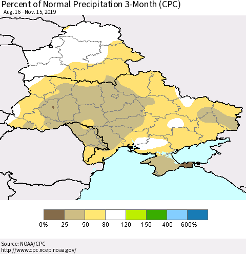 Ukraine, Moldova and Belarus Percent of Normal Precipitation 3-Month (CPC) Thematic Map For 8/16/2019 - 11/15/2019