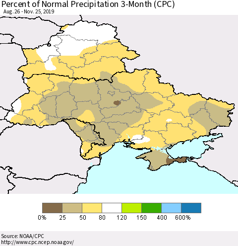 Ukraine, Moldova and Belarus Percent of Normal Precipitation 3-Month (CPC) Thematic Map For 8/26/2019 - 11/25/2019