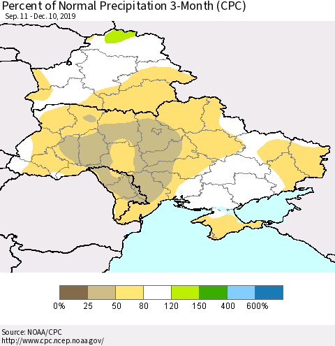 Ukraine, Moldova and Belarus Percent of Normal Precipitation 3-Month (CPC) Thematic Map For 9/11/2019 - 12/10/2019