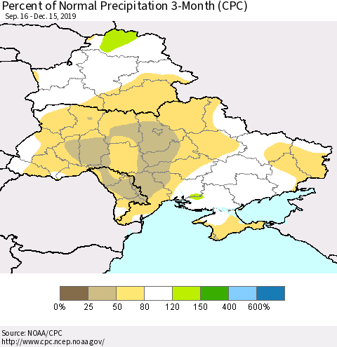 Ukraine, Moldova and Belarus Percent of Normal Precipitation 3-Month (CPC) Thematic Map For 9/16/2019 - 12/15/2019