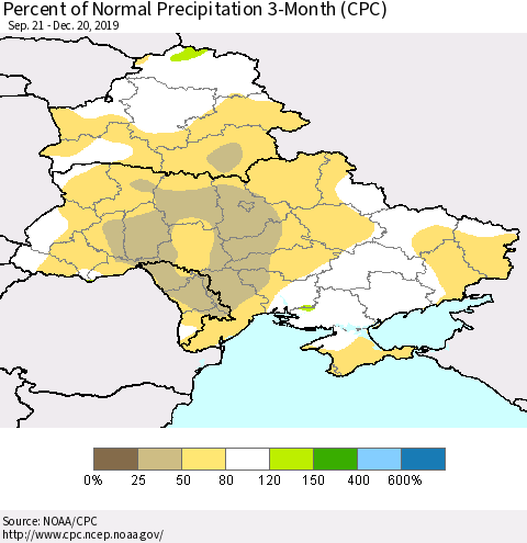 Ukraine, Moldova and Belarus Percent of Normal Precipitation 3-Month (CPC) Thematic Map For 9/21/2019 - 12/20/2019