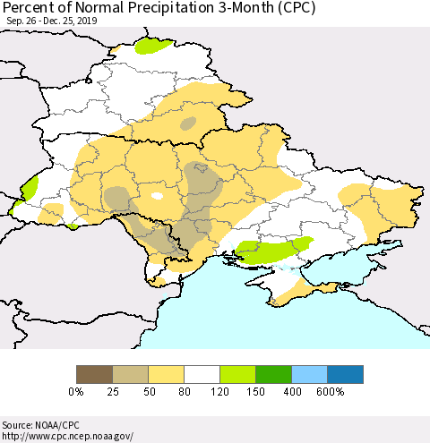 Ukraine, Moldova and Belarus Percent of Normal Precipitation 3-Month (CPC) Thematic Map For 9/26/2019 - 12/25/2019