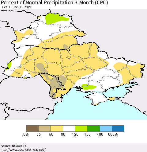 Ukraine, Moldova and Belarus Percent of Normal Precipitation 3-Month (CPC) Thematic Map For 10/1/2019 - 12/31/2019