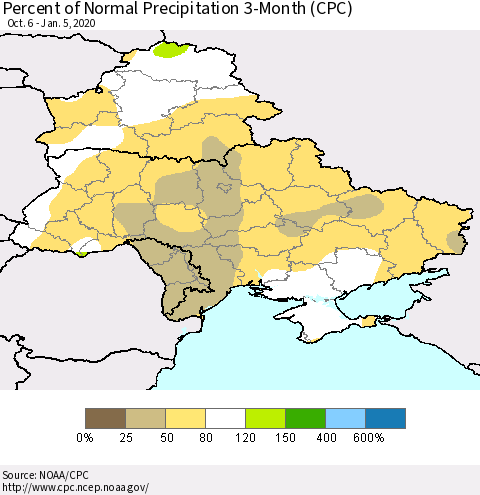 Ukraine, Moldova and Belarus Percent of Normal Precipitation 3-Month (CPC) Thematic Map For 10/6/2019 - 1/5/2020