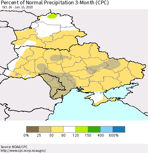 Ukraine, Moldova and Belarus Percent of Normal Precipitation 3-Month (CPC) Thematic Map For 10/16/2019 - 1/15/2020