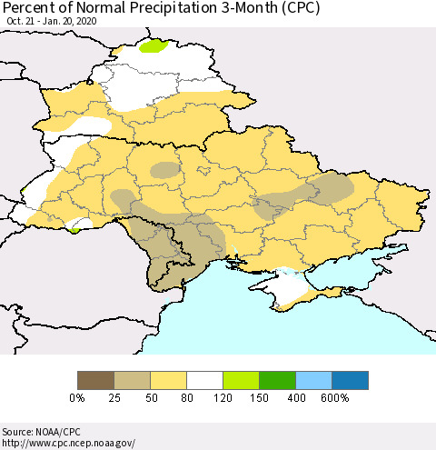 Ukraine, Moldova and Belarus Percent of Normal Precipitation 3-Month (CPC) Thematic Map For 10/21/2019 - 1/20/2020